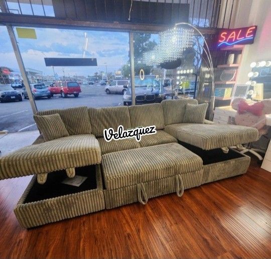 ✅️✅️3 pc Ash grey corduroy fabric sectional sofa with double storage chaise and pop up sleep area in center✅️✅️✅️
