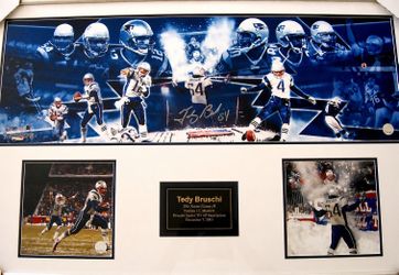 Tedy Bruschi signed 2003 Patriots Snow Game Win photo montage framed