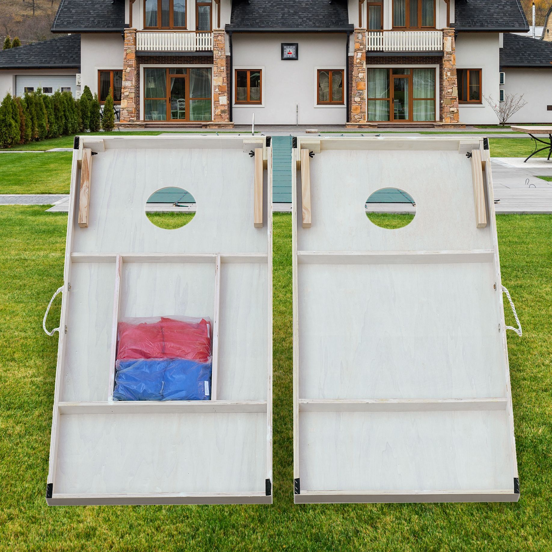 Wooden Cornhole Boards Set 4 x 2'', Portable Outdoor Yard Cornhole Game with 2 Wooden Cornhole Boards 8 Corn Hole Toss Bags and Bean Bags for Kids Adu
