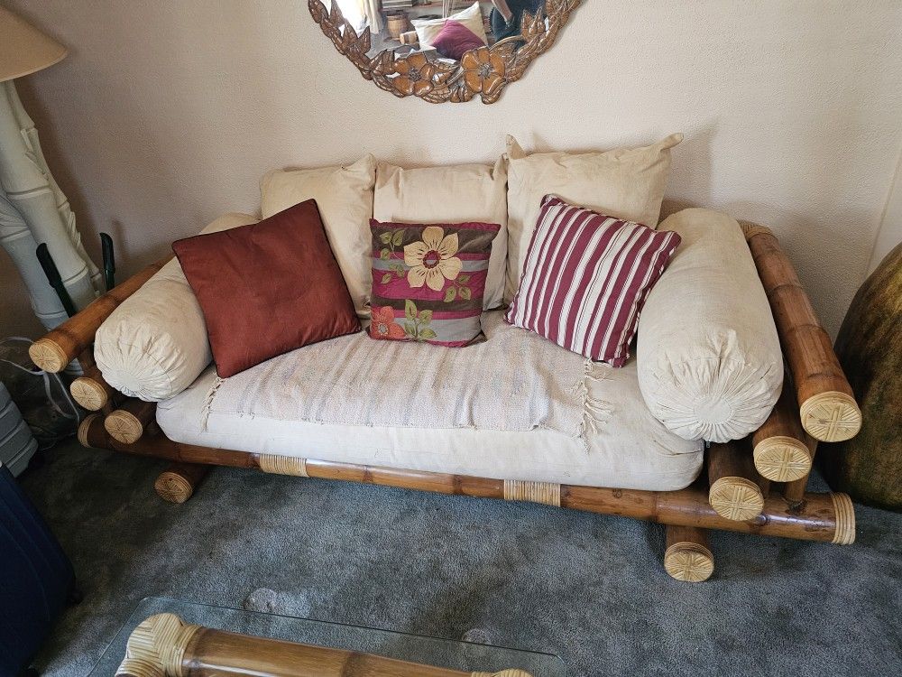 Fabulous Mid-century Asian Elephant Bamlbo Sofa, Love Seat, Coffee Table, Arm Chair ! All One Price! Great Condition ! Circa 1960's!