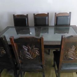 🍽️ Wooden Dining Table Set with Glass Top + 6 Chairs✨