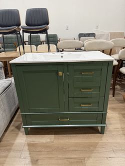 36" White Bathroom Vanity – Solid Pine Frame, 1 Soft Close Door, 3 Drawers, Modern Storage Cabinet for Compact Spaces(Green)