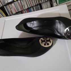 Tory Burch Black Leather Open Toe Shoes Wedges Women Size 9