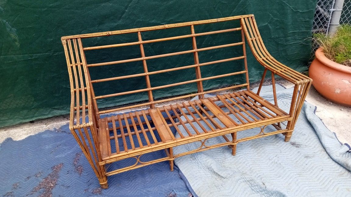 Vintage Art Deco Split Reed Wicker Sofa and Chairs W/o Cushion