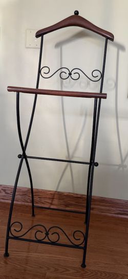 Vintage Foldable Wrought Iron and Wood Suit Valet/MCM Wrought Iron scroll design with Wood Butler Stand/Clothes Rack Hanger/Valet Stand