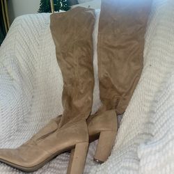 Thigh High Taupe Suede Heeled Boots