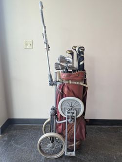 Vintage Bag Boy Golf Push Cart with Leather Golf Bag and Assorted Clubs
