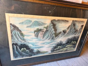 Asian painting - waterfall and foggy mountains