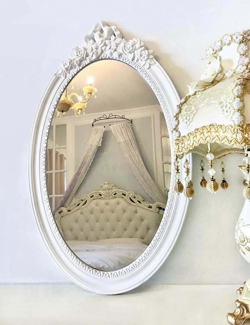 Wooden Large Oval Vintage Decorative Wall Mirror, White Wooden Crown Frame, Antique Princess Decor