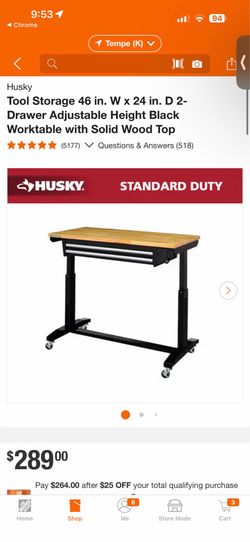 Husky 46in Adjustable Height Worktable w/ 2 Drawers & Solid Wood Top $199