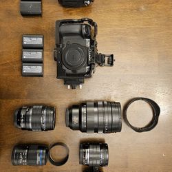 Panasonic GH5 mark 2 & GH5s with batteries, chargers, and lenses