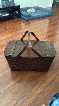 Antique Wood Woven Picnic Basket With Tray and Double Handles
