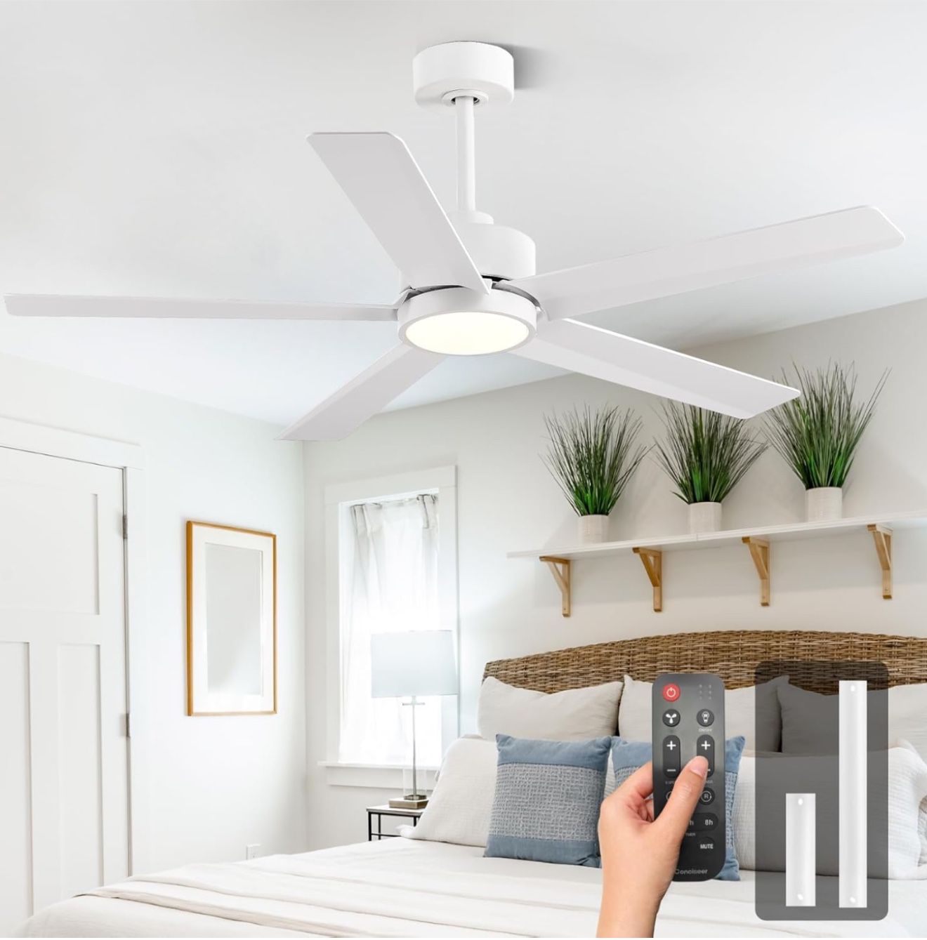 Ceiling Fans with Lights,52 Inch Ceiling Fans with Remote for Bedroom Living Room Kitchen, 5 Blades 6 Speed Reversible Quiet DC Motor White