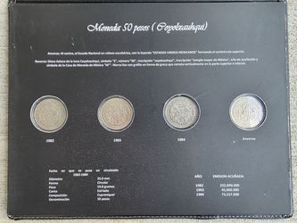 Mexican 50 Pesos “Coyolxauhqui” Coin Collection – 1982, 1983, 1984 + Obverse Coin – Official Album “Monedas México”