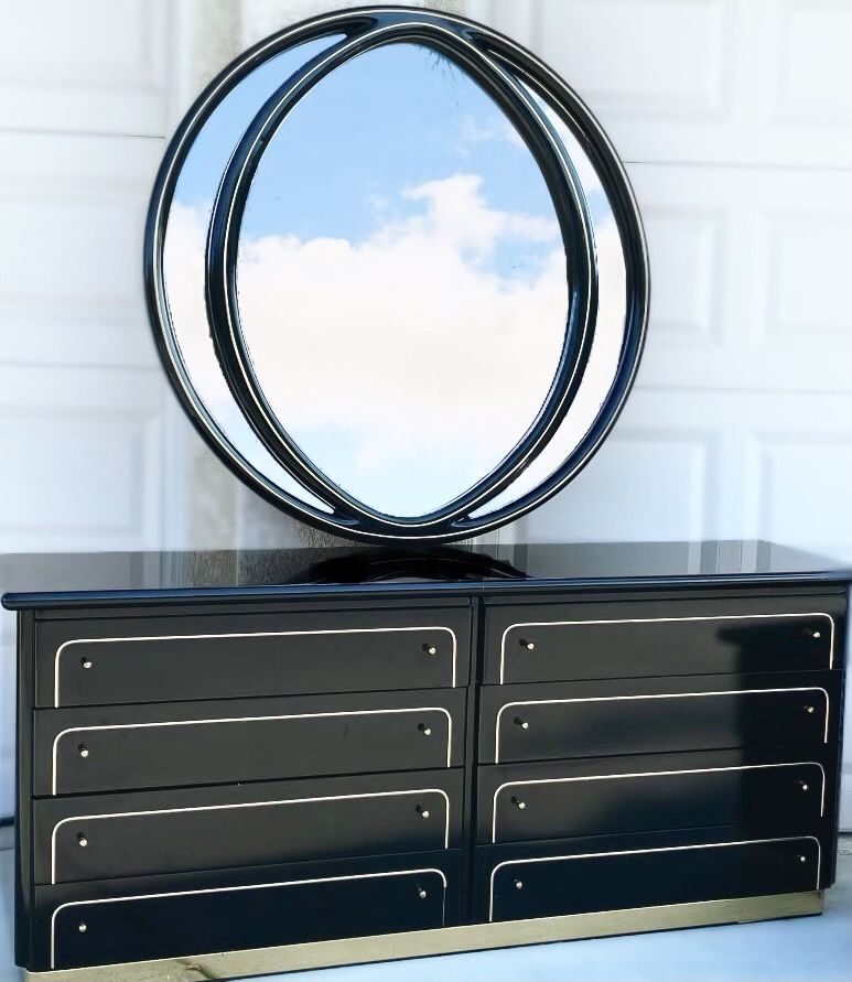 Vintage Postmodern Dresser Black Lacquer & Gold Brass Headboard & Mirror