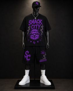 Smack City Purple Smoke Sloth T-Shirt & Shorts Set - Black Streetwear NYC