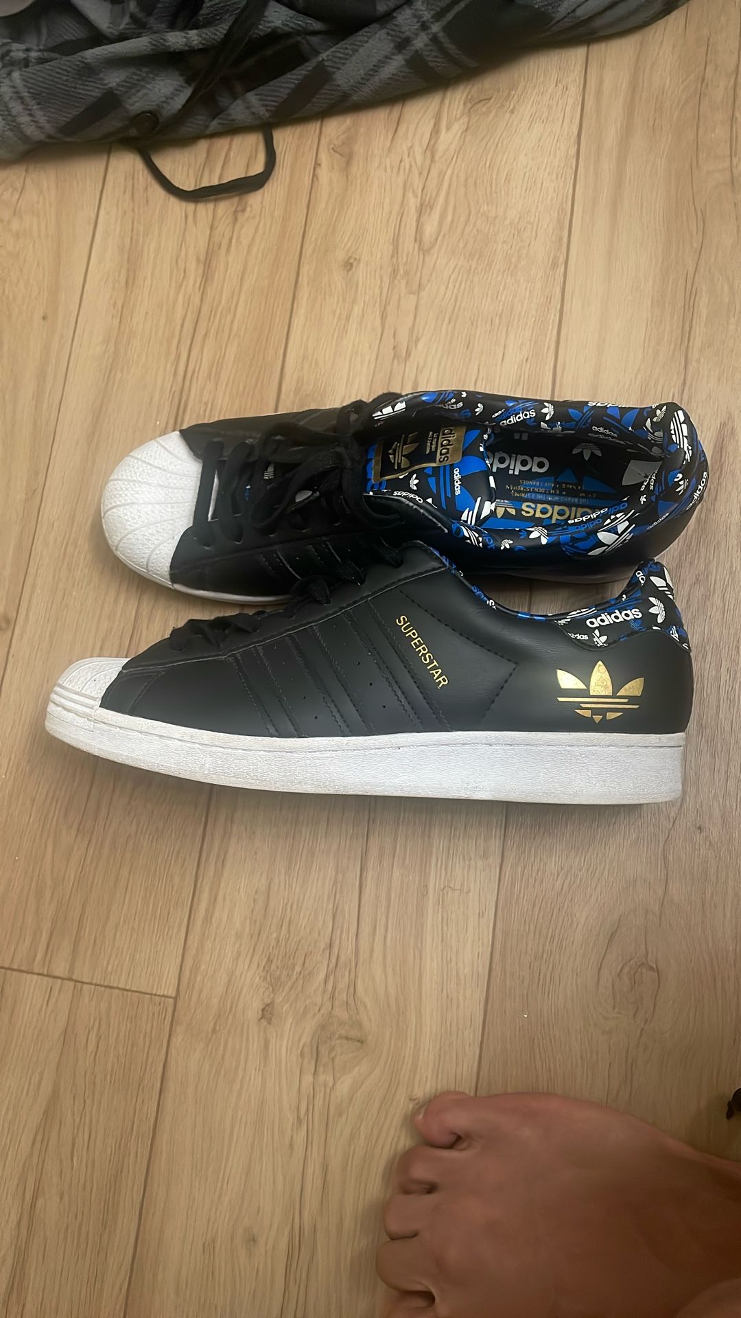 Black and Blue Adidas Superstars Size 12