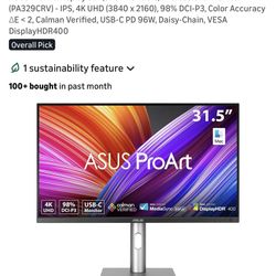 ASUS ProArt Display 32” (31.5" viewable) Professional Monitor (PA329CRV) - IPS, 4K UHD (3840 x 2160), 98% DCI-P3, Color Accuracy ΔE < 2, Calman Verifi