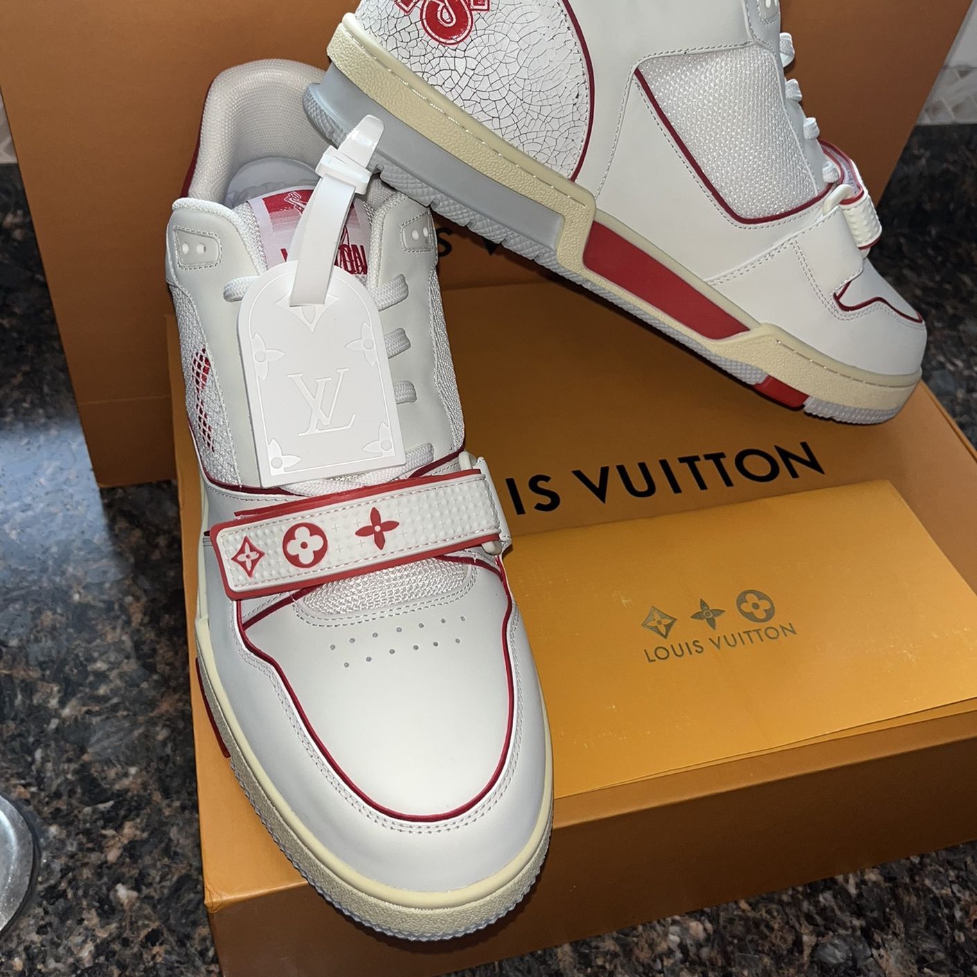 New Louis Vuitton RED/White Velcro strap Mono Trainer Sneakers (Euro 44  /men's 10-11) for Sale in Valley Stream, NY - OfferUp