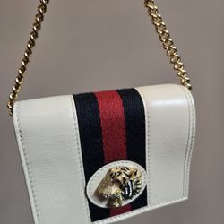 Gucci Raja Tiger Bifold Chain Wallet Leather Canvas White Mini Purse 