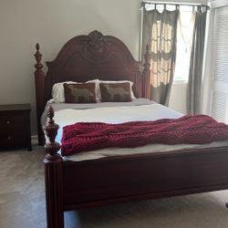 Beautiful Queen Cherry Antique Poster Bed With Box Spring & Mattress & Dresser, Chest, & Nightstand