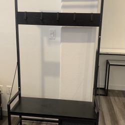 Modern Entryway Hall Tree with Bench, Hooks, Shelves & Storage Drawers – Black Metal Frame