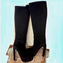  Miu Miu/ Prada Black Suede round-toe, platform knee-high boots