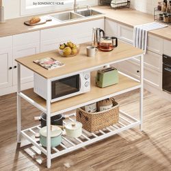 VASAGLE Kitchen Island with 3 Shelves Kitchen Shelf with Large Worktop - Oak Color and White