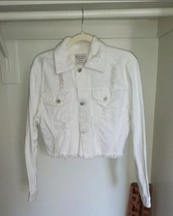 White Cropped Distressed Denim Jacket