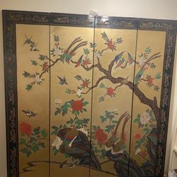 Gold Oriental Four Panel Antique Screen Room Divider . . 6 Ft Tall 5.5 Ft Wide. 