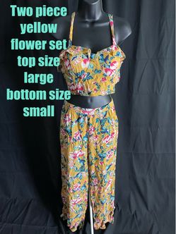 Yellow Floral Two-Piece Crop Top and Pants Set