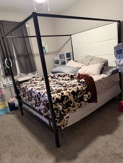 Black Metal Canopy Bed Frame with Upholstered Headboard