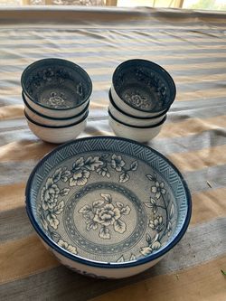 Blue and White Floral Korean Ceramic Bowl Set