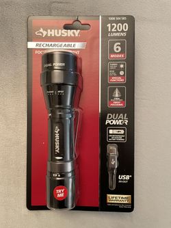 Husky 1200 Lumens Dual Power LED Rechargeable Focusing Flashlight with Rechargeable Battery and USB-C Cable Included