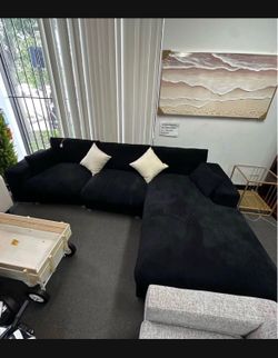 New 113" Black Corduroy Fabric Sectional Sofa L-Shape Sofa
