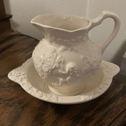 Vintage Lefton White Ceramic Cherub Cupid Small Mini Water Pitcher & Wash Bowl