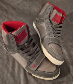 Like New Genuine Penguin Men's Cirrus Hi Size 9.5 High Top Sneakers Grey And Red