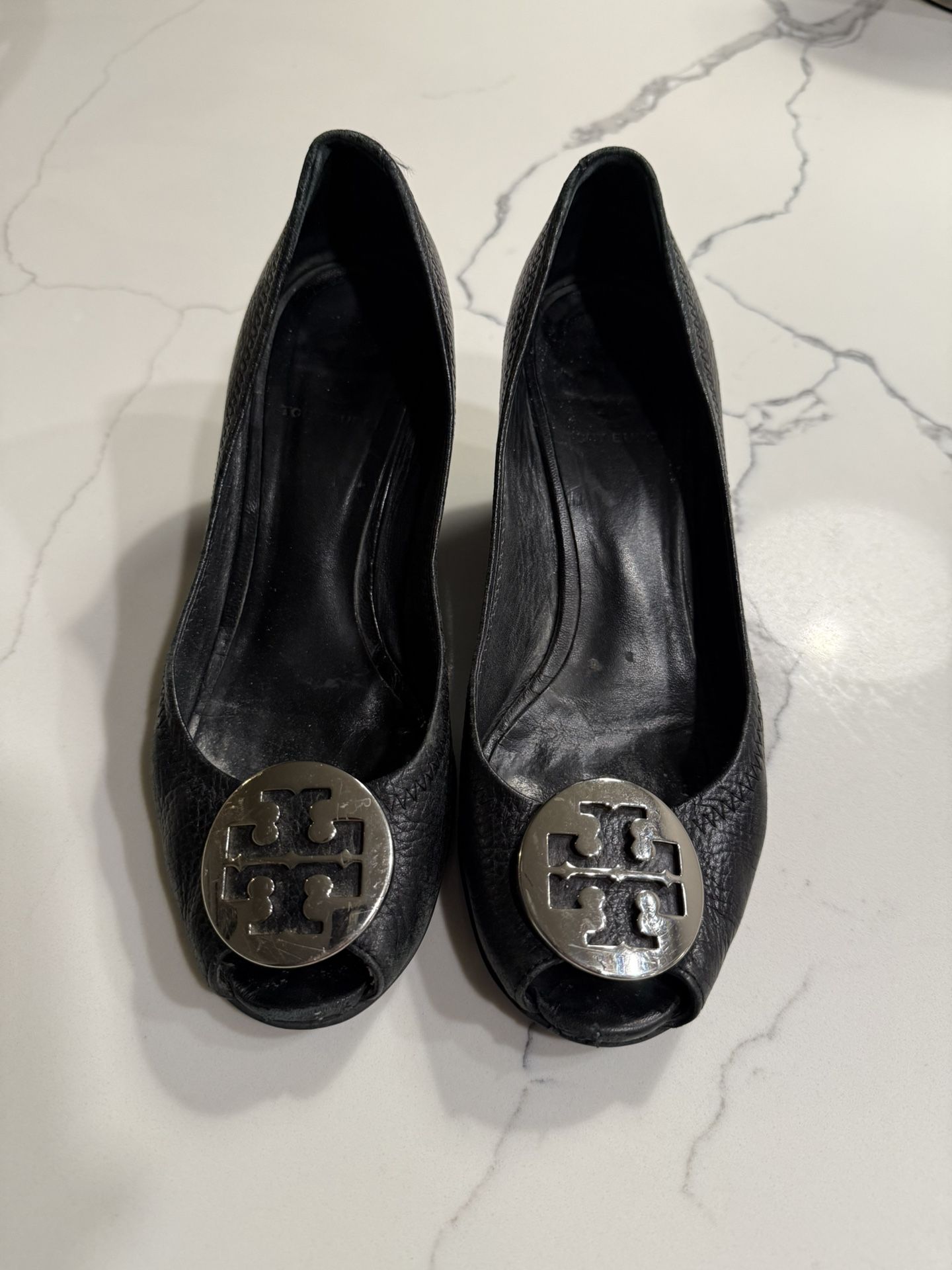 Tory Burch Black Logo Wedges