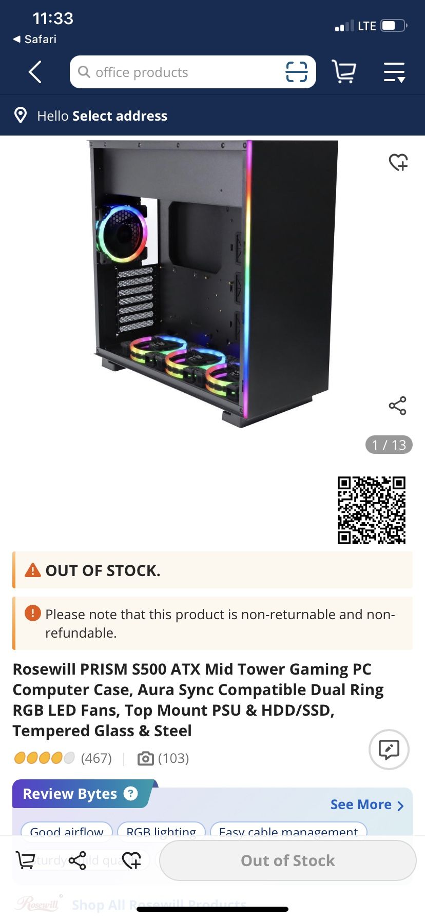Rosewill PRISM S500 ATX Mid Tower Gaming PC Computer Case, Aura Sync Compatible Dual Ring RGB LED Fans, Top Mount PSU & HDD/SSD, Tempered Glass & Stee