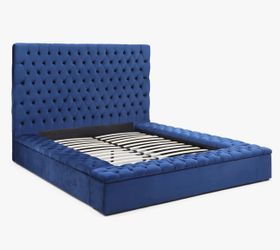 Blue velvet King size bed with storage compartments
