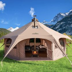 16.5ft Canvas Bell Tent, Large Yurt Tent with Stove Jack for Camping & Glamping, 55" High Walls, Maximum Space, Waterproof 4 Season Hot Tent with 8 Me