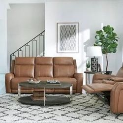 GENUINE-POWER  RECLINING SOFA SET BUTTER NUT  LEATHER  EASY TO USE SWITCH. REG PRICE $3499
