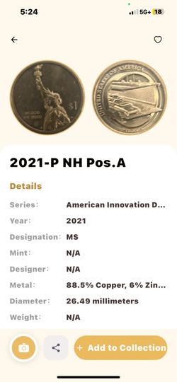 2021-P New Hampshire American Innovation Dollar BU Mint State UNC