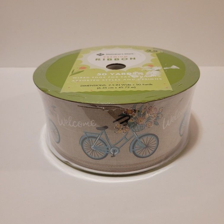New- Member's Mark Premium Wired Ribbon Blue Bicycle And Flowers 50 Yards 