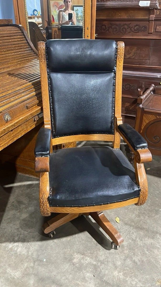 Antique Hand Carved Oak and Leather Swivel Adjustable Arm Chair