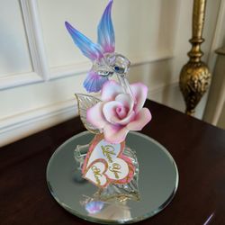 New Glass Baron Hummingbird Figurine with Pink Rose