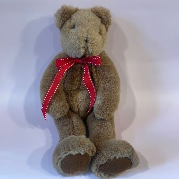 Classic Vintage Weighted Light Brown Teddy Bear Jointed Legs & Arms Red Ribbon