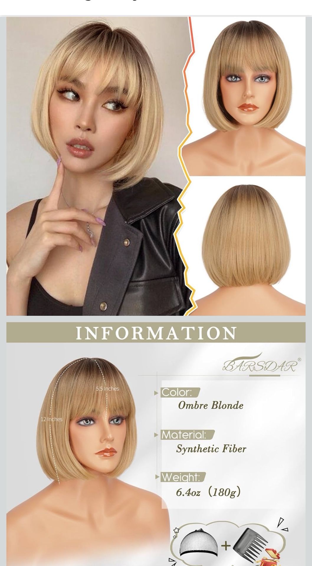 Blonde Ombre Bob 12” Wig w/Bangs Dark Roots Natural Looking Soft Synthetic NEW