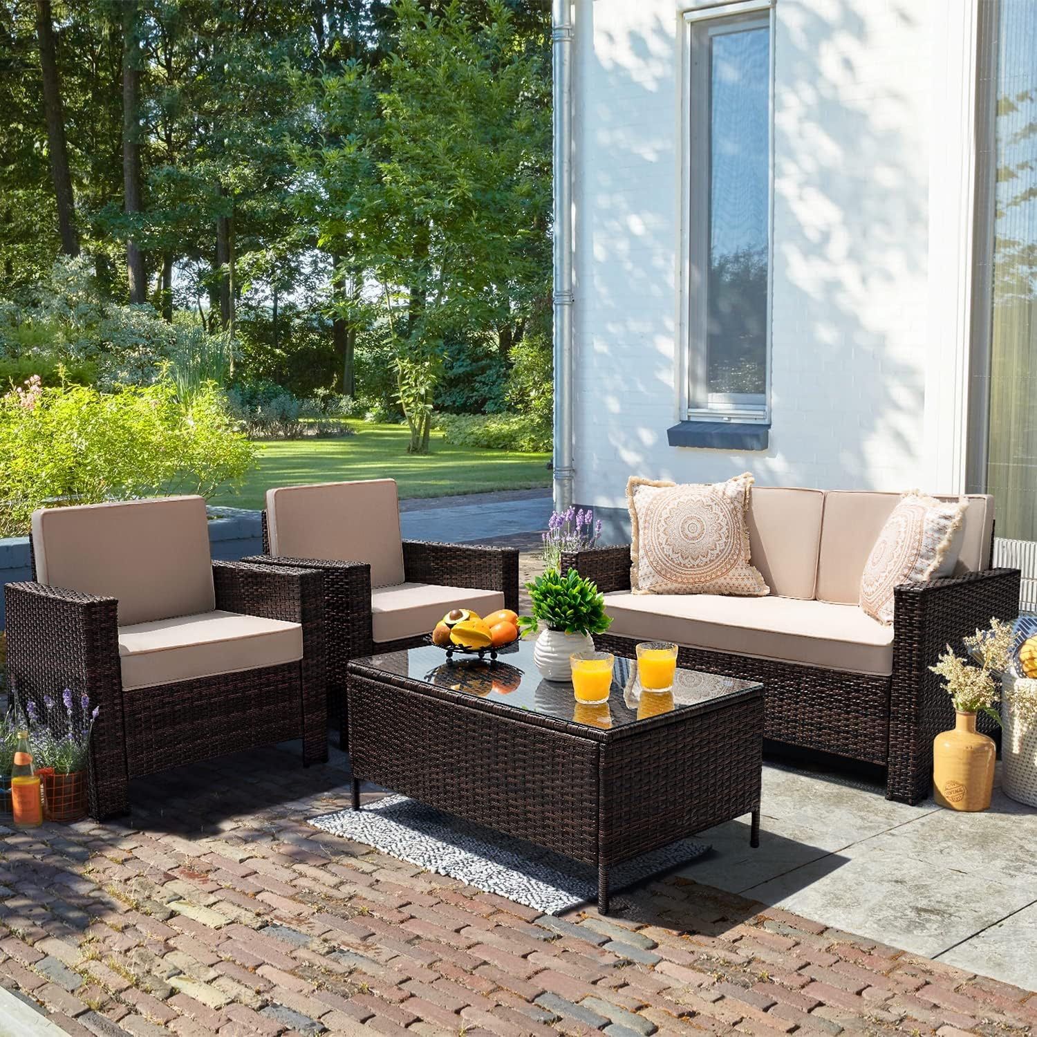 New 4 Pieces Patio Furniture Sets Rattan Chair Wicker Conversation Sofa Set Outdoor Backyard Porch Garden Poolside Balcony Use Furniture, Beige