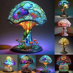Painting Mushroom Table Lamp Stained Plant Series Table Lamp Colorful Bohemian Resin Led Night Light Decorative for Bedroom Living Room